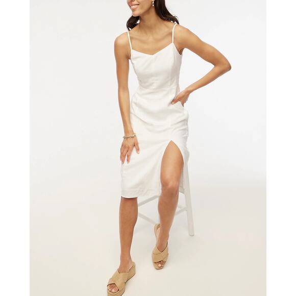 NWT J.Crew Factory Linen Blend Slip Midi Dress Smocked Back Lined White Size 8 - Picture 1 of 11